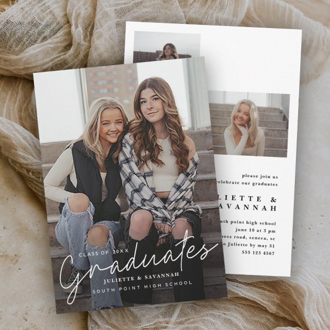 Convite Roteiro de Formatura de Múltiplos Graduados (Handwritten script multiple graduate photo graduation invitations.)