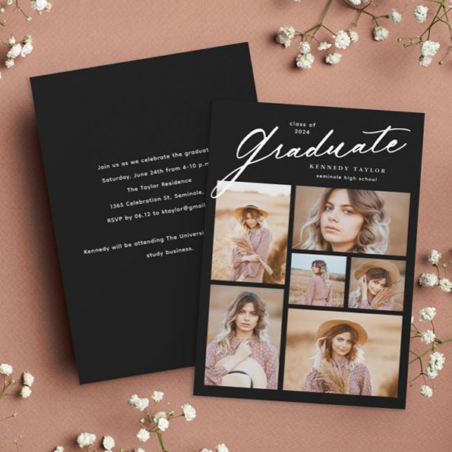Convite Roteiro de Graduado Elegante Colagem de 6 fotos Gr (Elegant simple black and white 6 photo collage graduation invitation.)