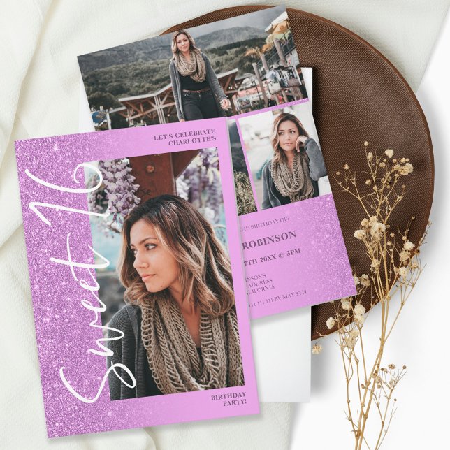 Convite Roteiro de luz roxa ombre 4 fotos Sweet 16 (Criador carregado)