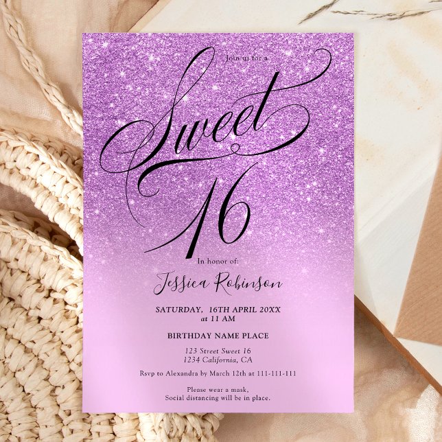 Convite Roteiro de microfone com brilho roxo Sweet 16 (Purple glitter ombre chic script Sweet 16 Invitation)
