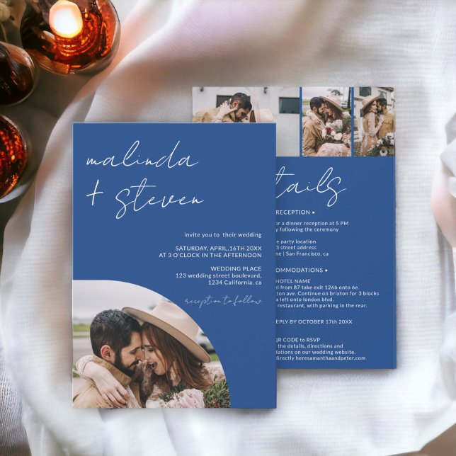 Convite Roteiro dos Nomes - Foto azul 4, tudo em 1 casamen (Names script arch blue 4 photo all in 1 wedding invitation)