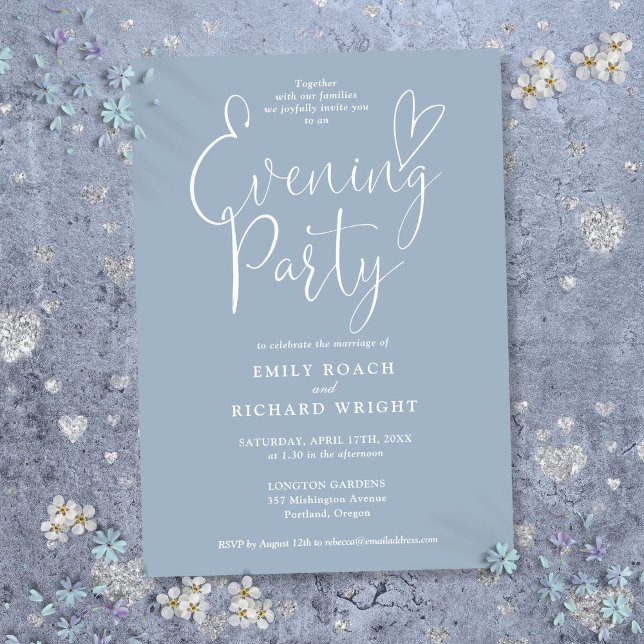 Convite Roteiro Elegante Azul Desbotado Festa de Casamento (Elegant Script Dusty Blue Wedding Evening Party Invitation)