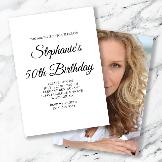 Convite Roteiro Elegante Foto 50th Birthday (Elegant Script Back Photo 50th Birthday Invitation)