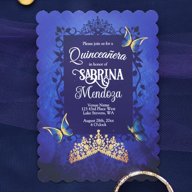 Convite Roteiro Elegante, Quinceanera Real Azul, Dourada T (Elegant Sapphire Royal Blue, Gold Quinceanera Invitation with Golden Tiara Crown)