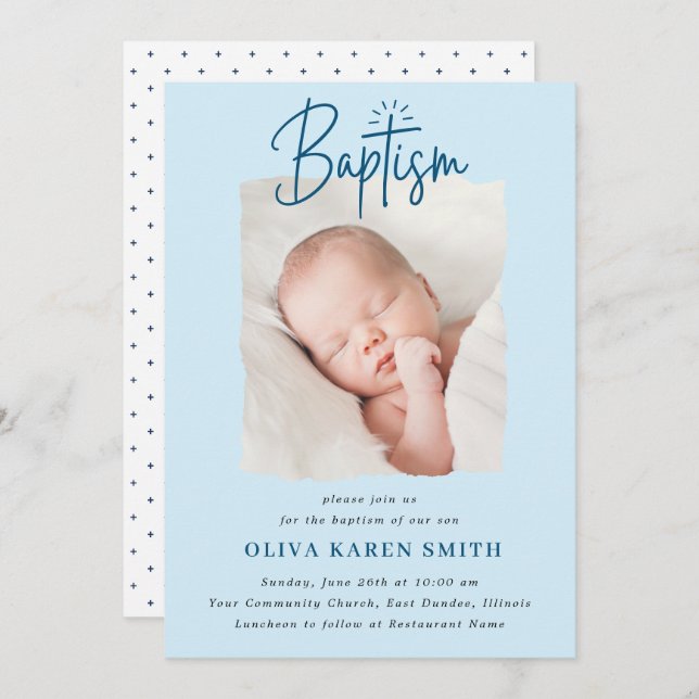 Convite Roteiro Manuscrito Baptism Christening Photo Boy  (Frente/Verso)