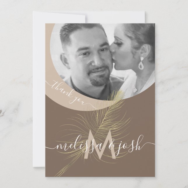 Convite Roteiro Moderno Obrigado Casamento Pena Dourada (Frente)