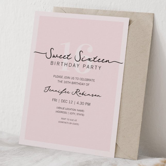 Convite Roteiro Moderno Simples Sweet 16 Dezesseis Rosa Be (Simple Modern Script Sweet 16 Sixteen Blush Pink Invitation)