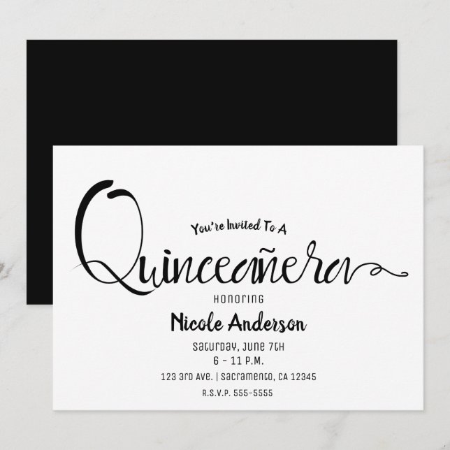 Convite Roteiro Preto Moderno Minimalista Quinceañera Quin (Frente/Verso)