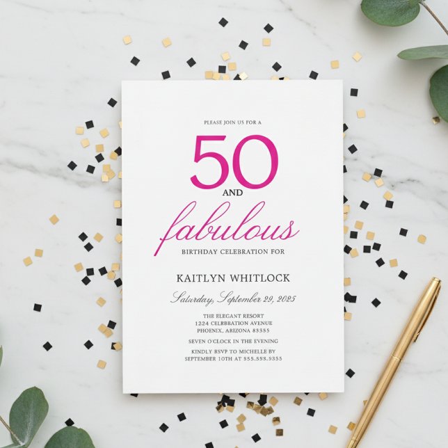 Convite Roteiro Rosa Simples 50 e Fabuloso Aniversário de  (modern elegant pink script fifty and fabulous 50th birthday party invitation with full photo)