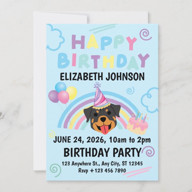 Convite Rottweiler Birthday Invitation in Blue (Frente)