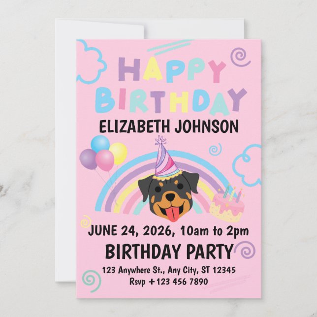Convite Rottweiler Birthday Invitation in Pink (Frente)