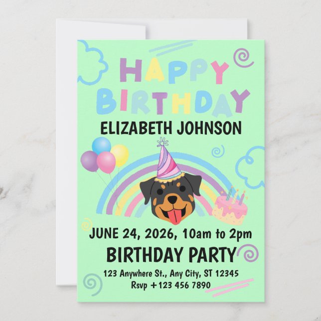Convite Rottweiler Birthday Party Invitation Green (Frente)