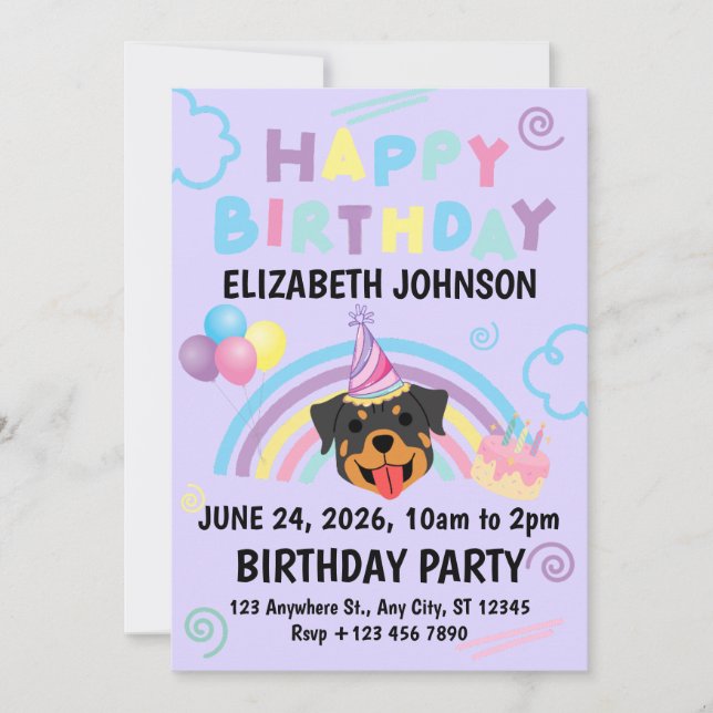 Convite Rottweiler Birthday Party Invitation Purple (Frente)