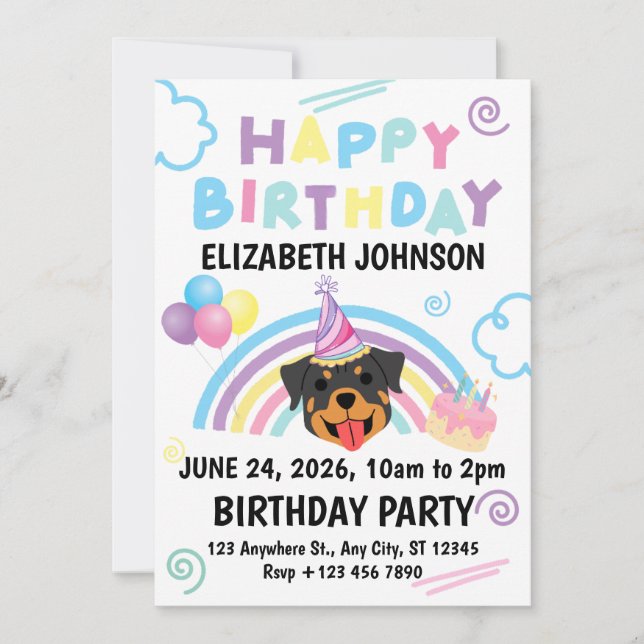 Convite Rottweiler Birthday Party Invitation White (Frente)
