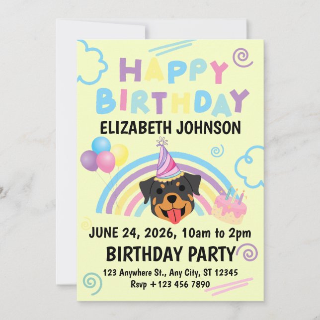 Convite Rottweiler Birthday Party Invitation Yellow (Frente)