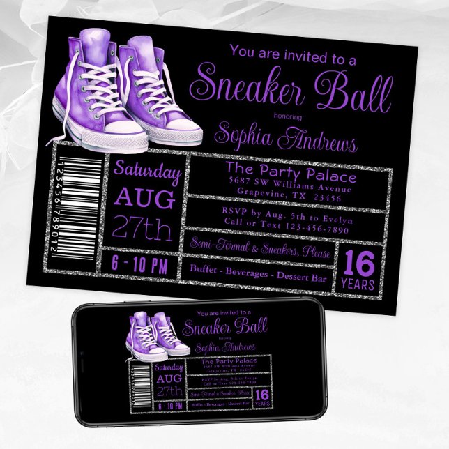 Convite Rótulo da Festa de aniversário da Bola do Sneaker  (Purple black sneaker ball invitation. Available for instant download and print.)