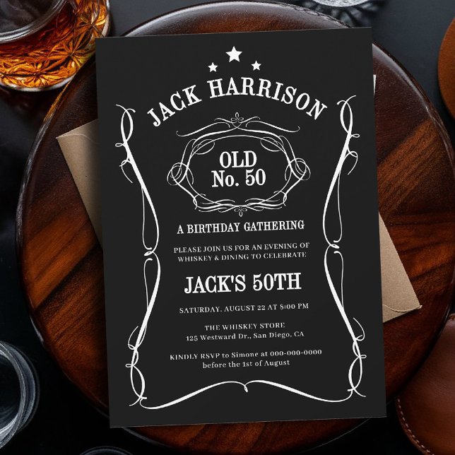 Convite Rótulo de Uísque Preto Branco Antigo Nº 50º Aniver (birthday party invitation for men 50th whiskey bourbon bottle label white black old no)