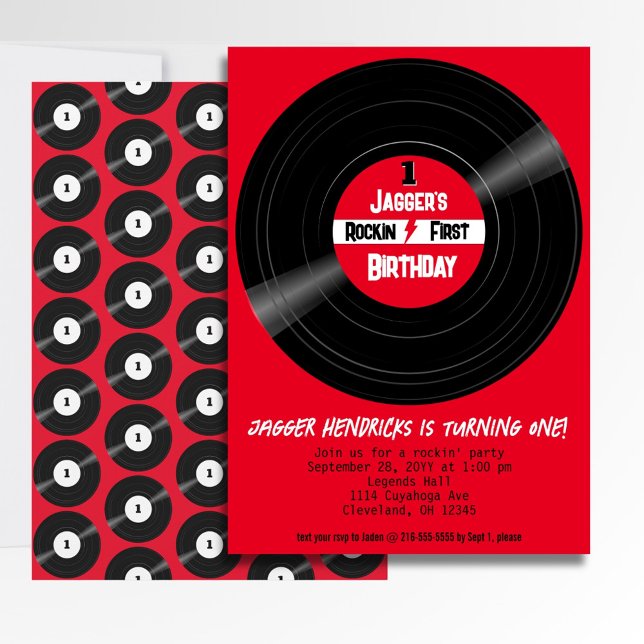 Convite Rótulo Vermelho do Registro de Vinilo de Aniversár (Vinyl record rock and roll first birthday invitation.)