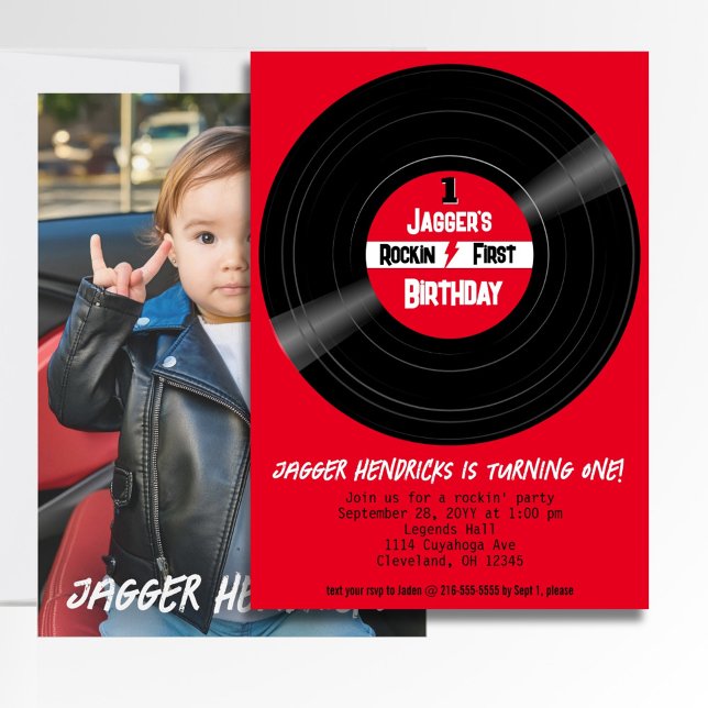 Convite Rótulo Vermelho do Registro Fotográfico Vinil do R (Rock and Roll 1st birthday vinyl record photo invitation)