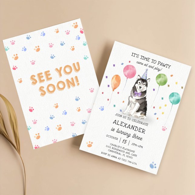Convite Rouco Sibir Cão Pawpy Puppy Aniversário Rosa (Criador carregado)