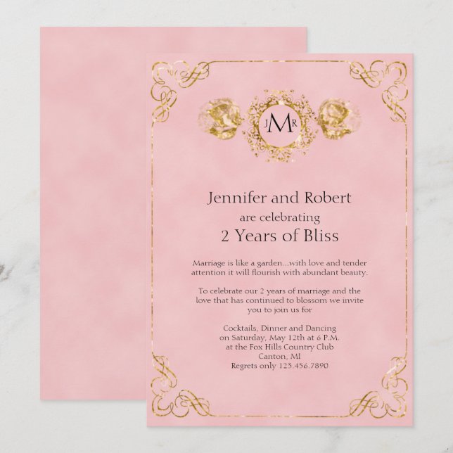 Convite Rouge e Algodão Dourado 2º Aniversário de Casament (Frente/Verso)