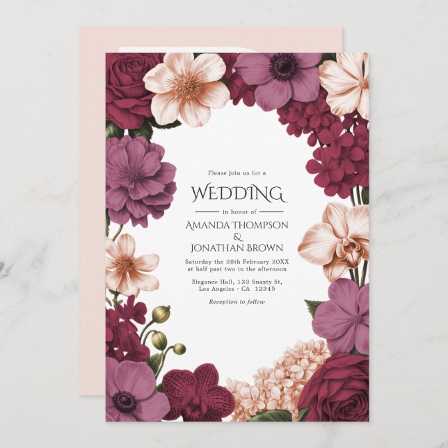Convite Rouge Garnet, Rosette Mauve & Peach Silk Wedding (Frente/Verso)