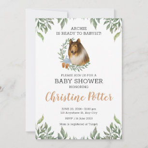 Convite Rough Collie Dog Greenery Boho Chá de fraldas