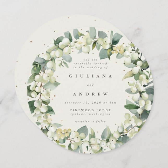 Convite Round Cream Snowberry+Eucalyptus Wreath Casamento (Frente/Verso)