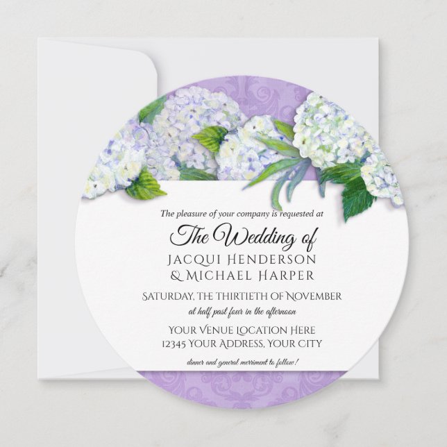 Convite Round Damask Hydrangea Purple Floral Casamento (Frente)
