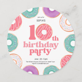 Convite Round Donut Party Girl 10th Birthday Invitation