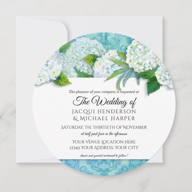 Convite Round Elegant Damask Hydrangea Aqua Floral Weding (Frente)