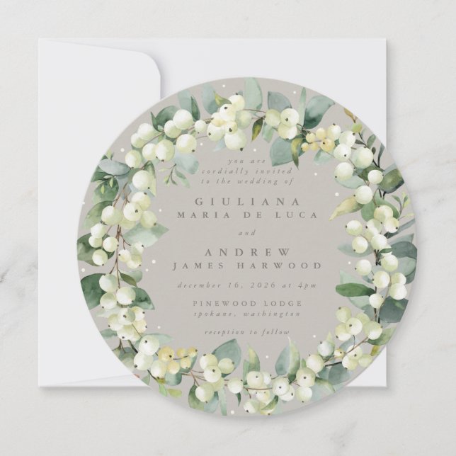 Convite Round Greige Snowberry+Eucalyptus Wreath Casamento (Frente)