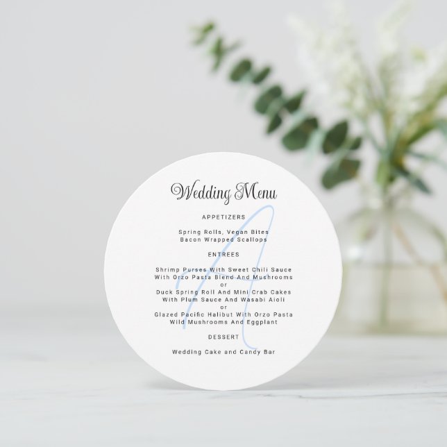 Convite Round Monogram Wedding Menu Template (Em pé/Frente)