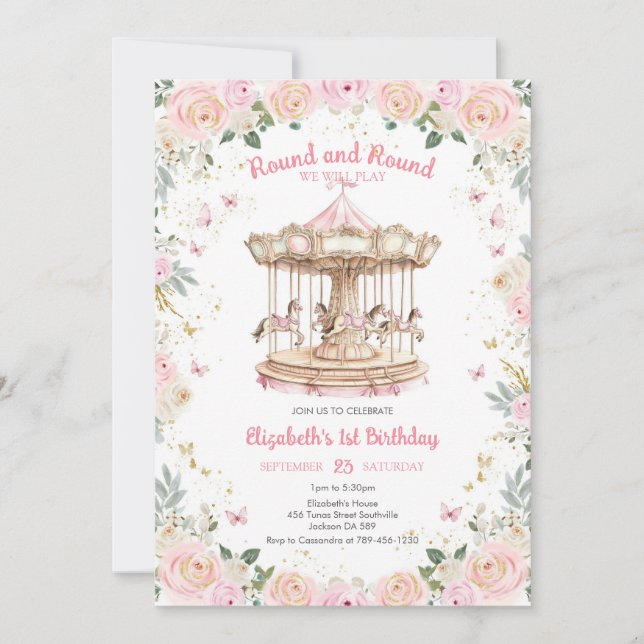 Convite Round & Round Floral Carousel Birthday Invitation (Frente)