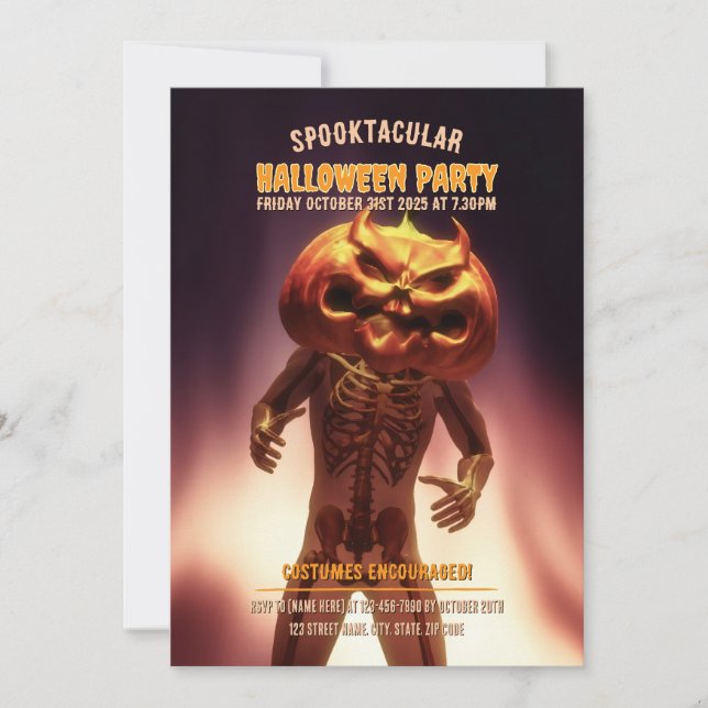 Convite Roupa de cabeça de abóbora. Festa de Halloween (Frente)