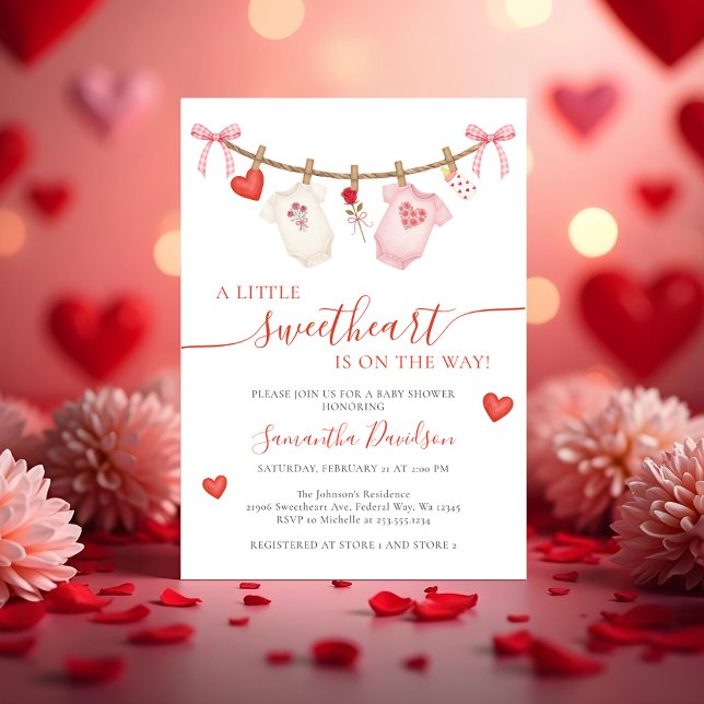 Convite Roupa de Coração de Namorado Chuveiro de Bebê (Sweetheart Valentine Clothesline Baby Shower Invitation)