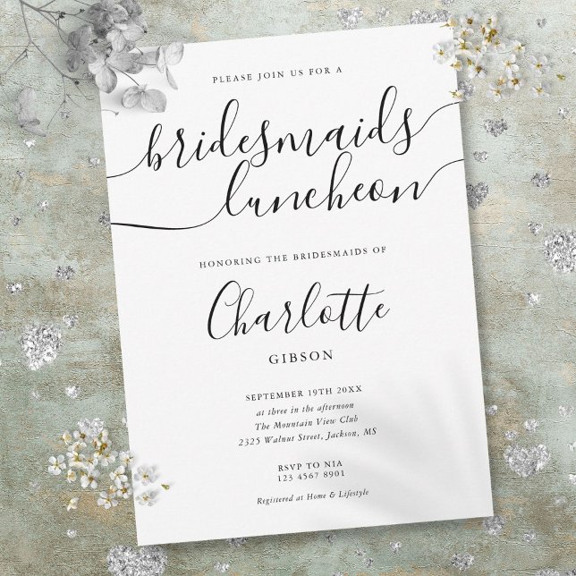 Convite Roupa De Letras Pretas E Brancas (Black And White Script Bridesmaids Luncheon Invitation)
