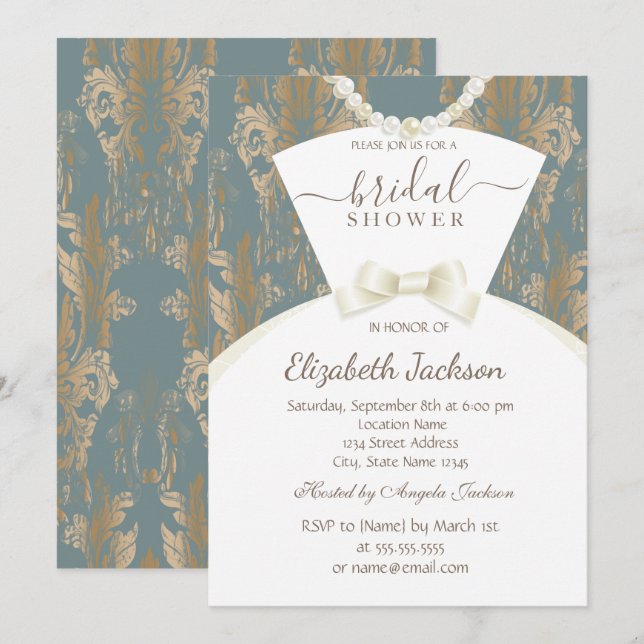 Convite Roupa de noiva chique Damask Chuveiro Nupcial (Frente/Verso)