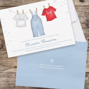 Convite Roupas de Bebê Azuis Denim Caprichosas para Menino