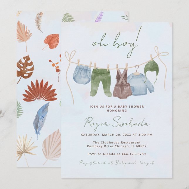 Convite Roupas de bebê azul aquarela boho Oh Boy (Frente/Verso)