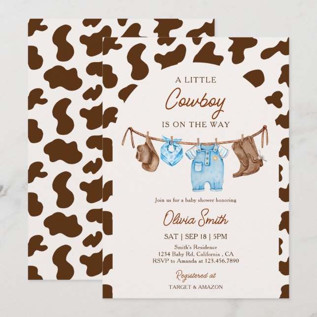 Convite Roupas de Bebê Cowboy Azul e Marrom Chuveiro de Be (Frente/Verso)