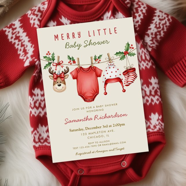Convite Roupas de bebê de rena fofa Merry Little Christmas (Criador carregado)