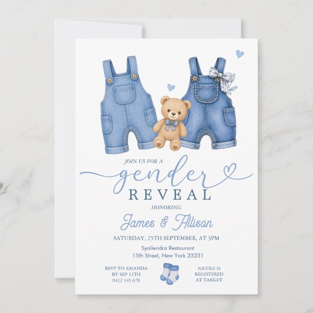 Convite Roupas de Bebê Jeans Urso Revelação de Gênero (Frente)