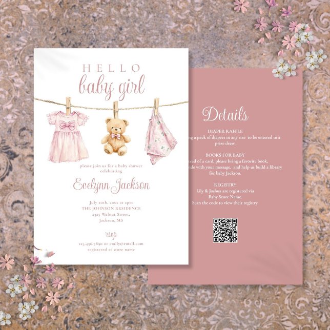 Convite Roupas de Bebê Menina Rosa Varal Chá de Bebê Tudo  (Pink Girl Clothesline Baby Shower All In One Invitation)