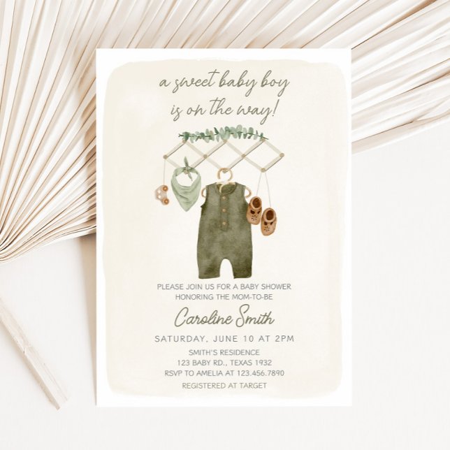 Convite Roupas de Bebê Menino Boho Chá de Bebê (Sweet Baby Boy Baby Shower Invitation)