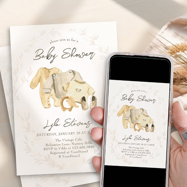 Convite Roupas de Bebê Neutras para Chás de Bebê (Baby Clothes Baby Shower Invitation - from my Baby Clothes Baby Shower Collection)