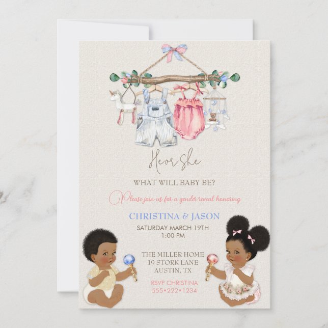 Convite Roupas de bebês Sexo Revelação de marfim rosa azul (Frente)