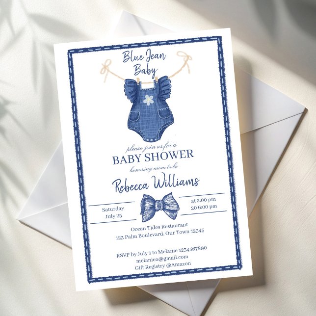 Convite Roupas de jean azul no chá de fraldas de linha (Blue jean girls clothes on a line  coquette bow baby shower invitation cards template)