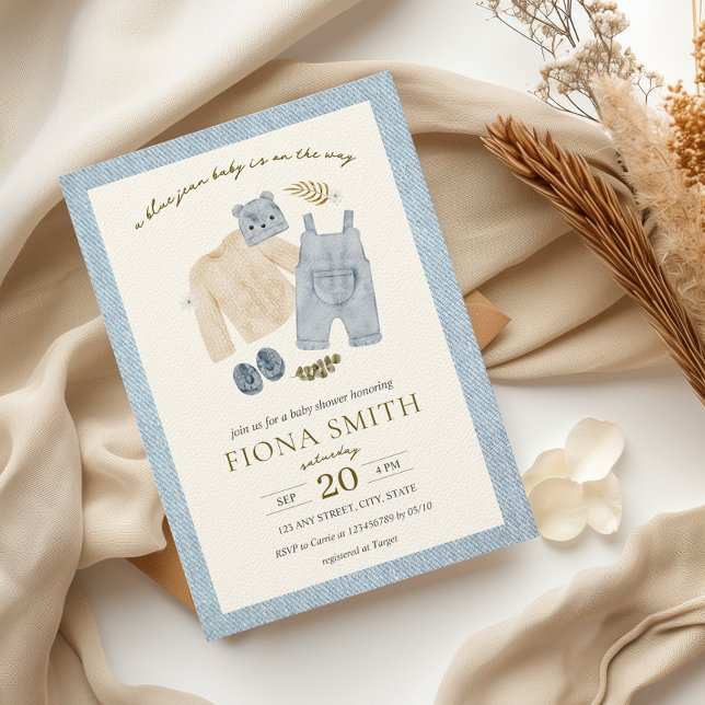 Convite Roupas do Chá de fraldas Denim Boy Blue Jean (A blue jean baby Denim Boy Baby Shower Invitation Boho Country Vintage Western Little Cowboy)