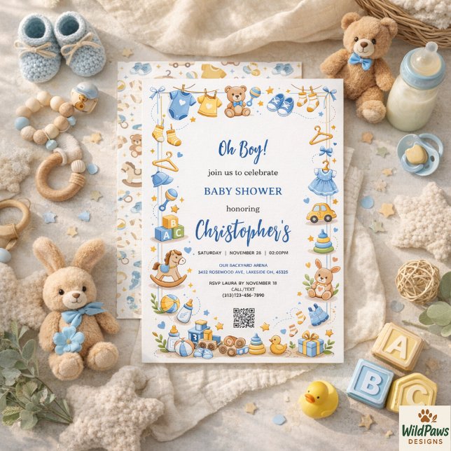 Convite Roupas e Brinquedos Fofos para Bebês Chá de Bebê p (Cute Baby Clothes & Toys Boy Baby Shower Invitation
)